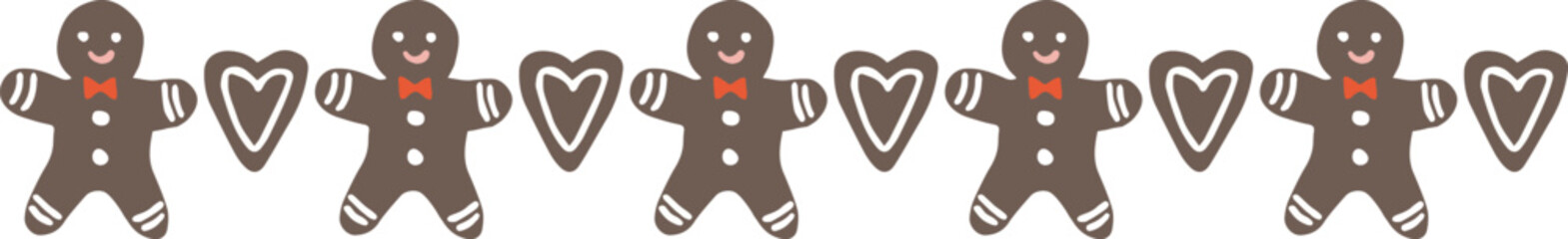 Gingerbread Cookies Garland Decor. Christmas decorative banner. Gingerbread man, hearts with sugar frosting isolated on white background. Festive winter banner. Season bunting vector illustration