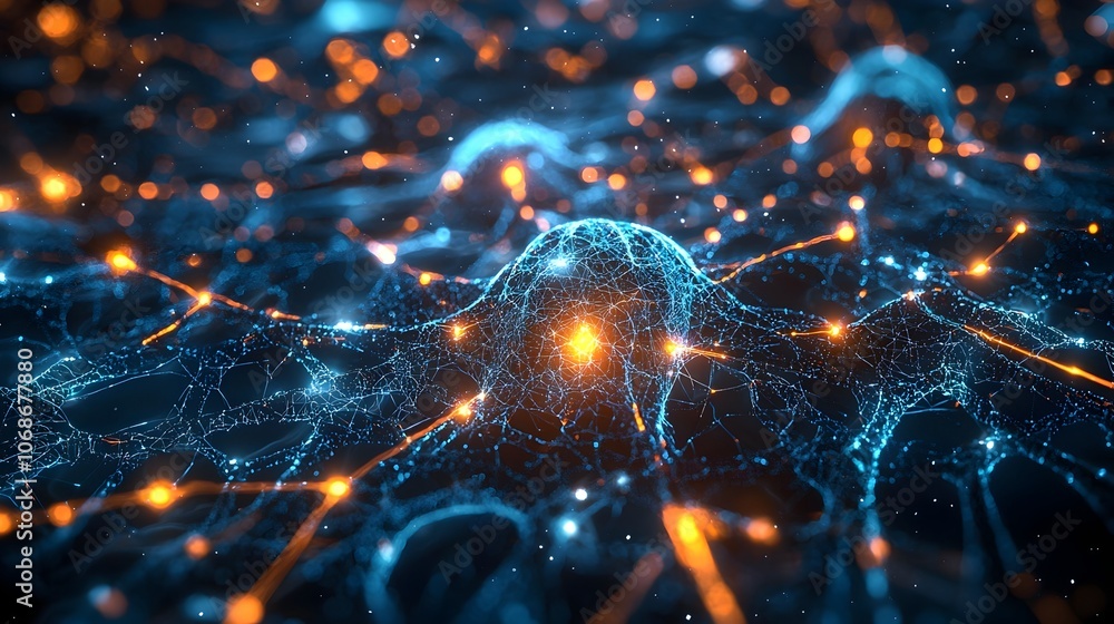 Poster futuristic mind map with glowing neural connections showcasing the intersection of art and technolog