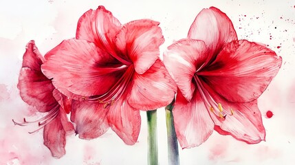 Beautiful red amaryllis flowers with delicate petals and artistic watercolor background, perfect for floral designs and decorations.
