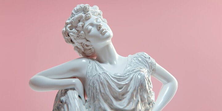 Classical marble statue of a serene woman with closed eyes on a pink background. The sculpture features intricate details, elegance, and timeless beauty.