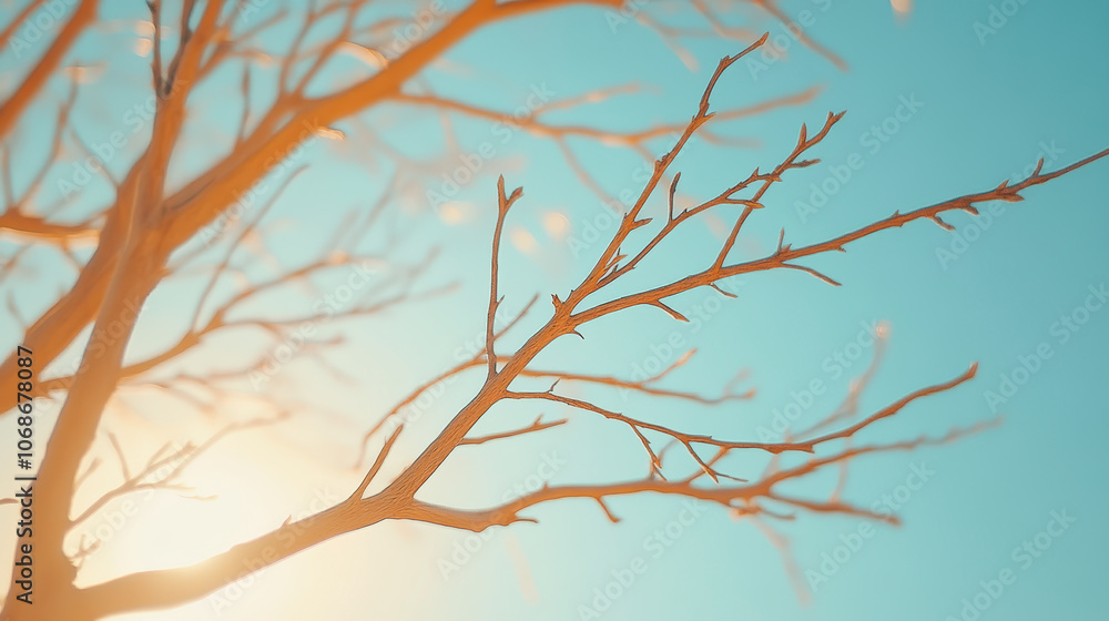 Poster sunlight filters through the delicate branches of a bare tree against a clear blue sky, creating a s