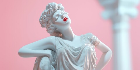 Elegant marble statue of a woman with red lips, closed eyes, and a serene expression against a soft pink background. The artwork captures timeless beauty and classical grace.