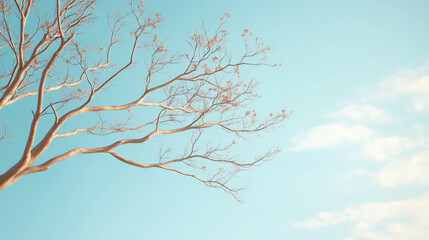 Obraz premium A leafless tree with thin, winding branches extends against a soft blue sky, offering a serene and minimalist view of nature.
