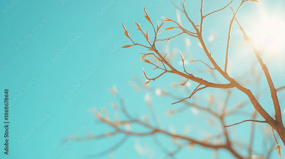 Poster sunlit branches reach into a bright blue sky, creating a serene and tranquil atmosphere with gentle 