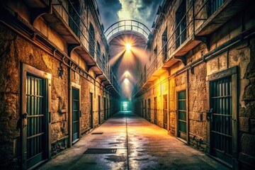 Fototapeta premium Vintage Style Photography of a Dimly Lit Prison Corridor with Ominous Barred Doors, Evoking Tension and Mystery in a Historical Setting