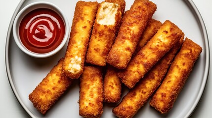 Plate of golden brown fried cheese sticks with a small bowl of red tomato ketchup dipping sauce