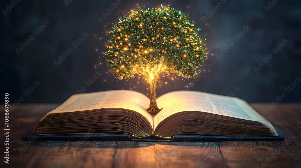 Poster glowing tree of knowledge blossoming from open book representing creative intellectual growth and en
