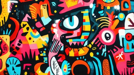 A bold graffiti street mural with vibrant hues and expressive patterns, showcasing rebellion and urban culture through an explosion of creative street art.