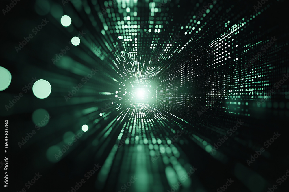 Poster green light tunnel: a futuristic journey through abstract technology and data visualization