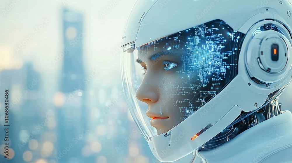 Poster a humanoid robot with a futuristic helmet and digital interface gazes at a cityscape, symbolizing ad