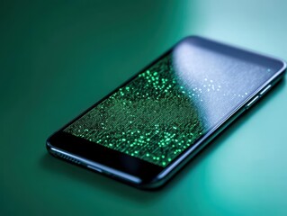Close-up of a smartphone with sparkly screen on a green background.
