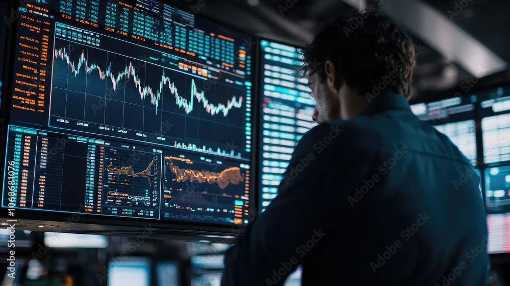 Poster a close up of the s p 500 index on a large screen, stock numbers and charts indicating real-time mar