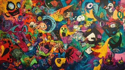 Fototapeta premium A colorful and expressive graffiti mural full of rebellious themes, representing the raw energy and dynamic spirit of urban culture, set in an urban environment.
