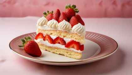 きれいにカットされたストロベリーショートケーキ、クラシック陶器プレートにのせたフレッシュ苺とクリーム