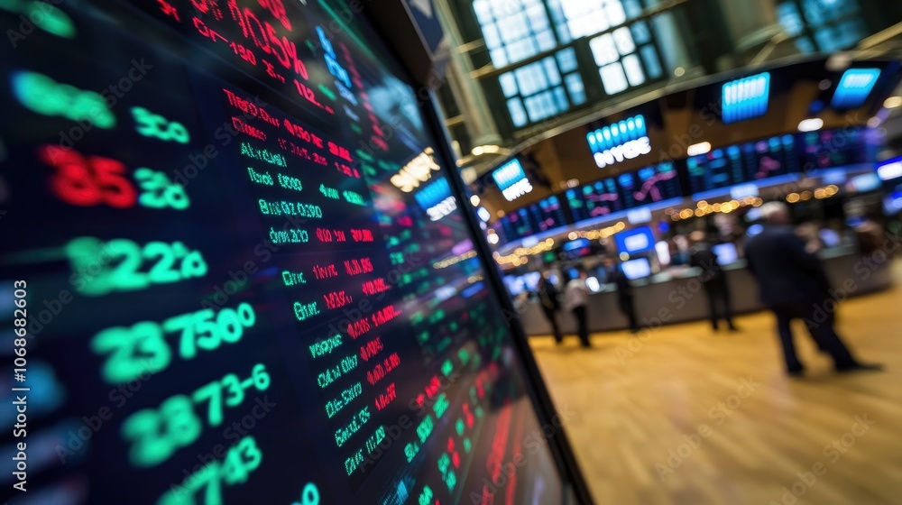 Aufkleber a detailed view of the sp 500 index on a big digital display, with colorful charts and numbers showi