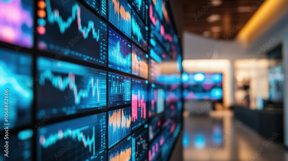 Poster A detailed view of the SP 500 index on a big digital display, with colorful charts and numbers showing the latest market shifts and fluctuations.