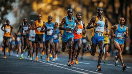 Marathon runners racing on an autumn pathway, surrounded by falling leaves and warm seasonal hues. AI generated