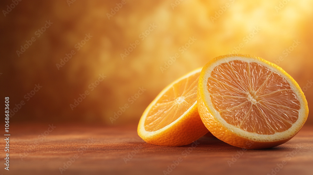 Poster freshly sliced oranges on a rustic table with warm, glowing background in soft lighting