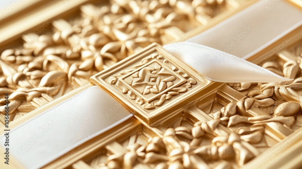 Poster A golden 3D photo frame decorated with Thai square motifs and a soft ribbon, adding a touch of sophistication and warmth to any photo display