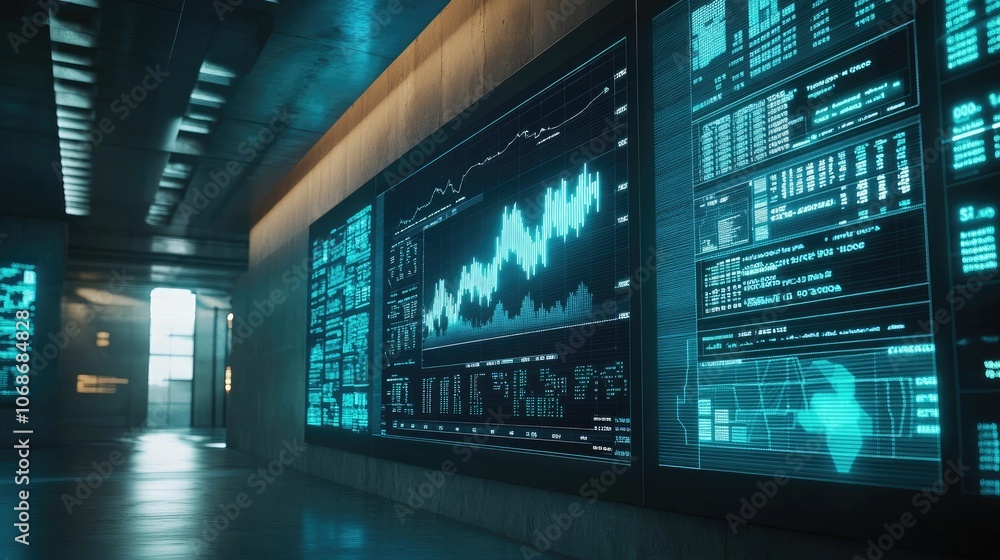 Aufkleber A large digital monitor displaying the SP 500 index with up-to-the-minute charts and numbers illustrating the health of the market.
