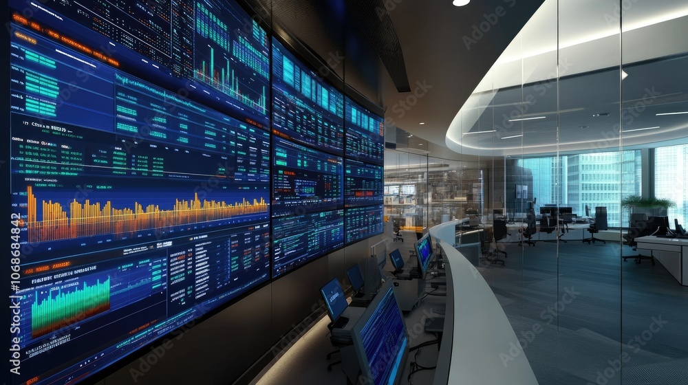Poster A large digital monitor displaying the SP 500 index with up-to-the-minute charts and numbers illustrating the health of the market.