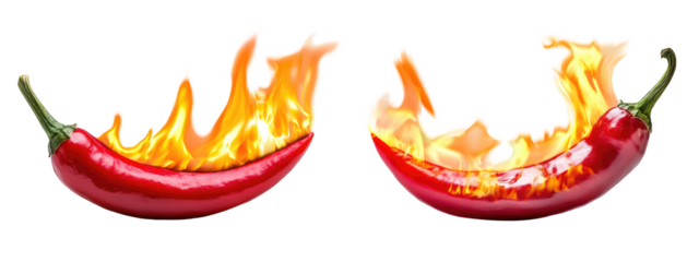 red chili is very spicy, with a flare of flames. transparent background