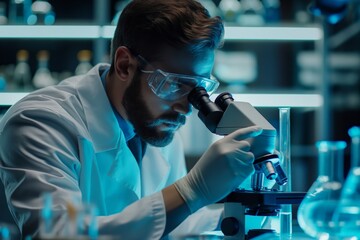 Scientist lab coat peering microscope representing research discovery innovation medical field. AI generated