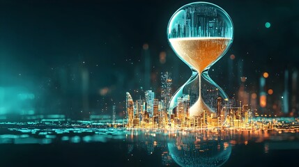 Digital Hourglass Futuristic Cityscape Forming from Flowing Pixels