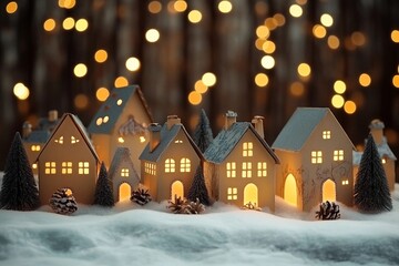 Fototapeta premium Paper houses radiating a warm glow from their windows set against a festive Christmas backdrop