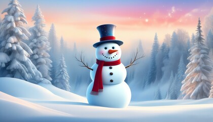 Obraz premium Smiling cheerful snowman in a hat and scarf in a winter snow-covered forest, winter background