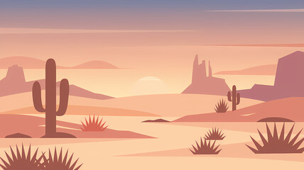 Minimalist Desert Landscape Illustration with Rolling Sand Dunes, Cacti, and Rock Formations at Sunset in Flat Art Style