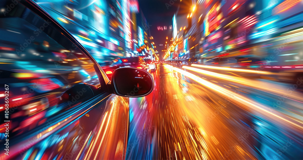 Poster An engaging perspective from the side of a car driving through a vibrant city at night, with reflections of colorful lights creating a dreamy and dynamic atmosphere.
