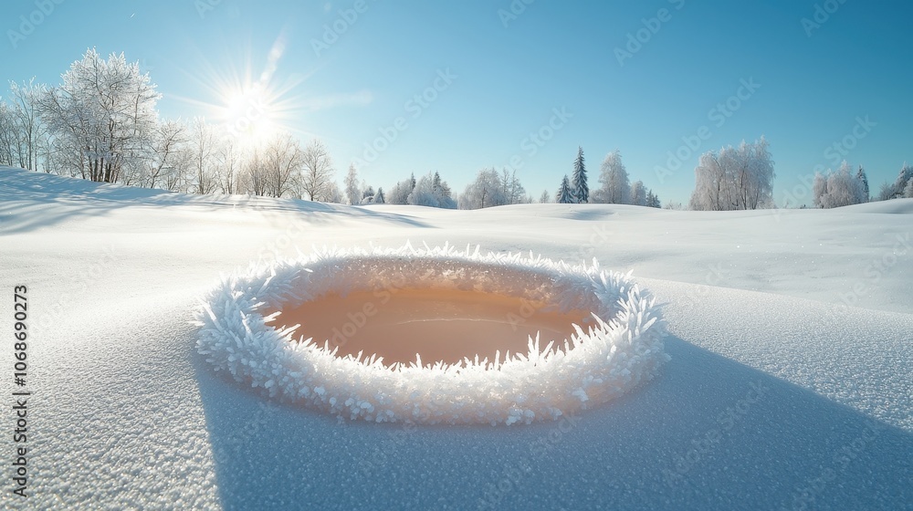 Poster frosted window with sharp ice crystals in winter scene