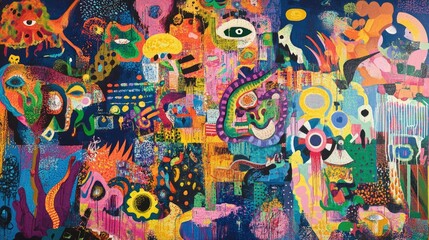 A vibrant graffiti mural filled with expressive characters and edgy designs, showcasing the creativity and energy of city streets and urban culture.