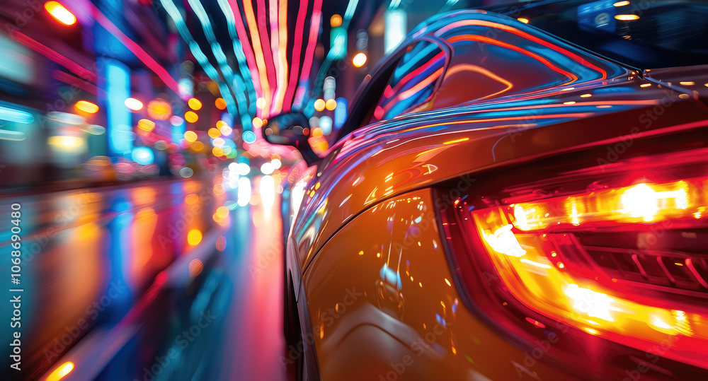 Aufkleber An engaging perspective from the side of a car driving through a vibrant city at night, with reflections of colorful lights creating a dreamy and dynamic atmosphere.