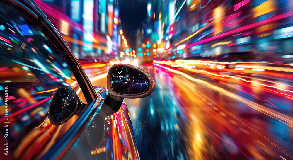 Poster An engaging perspective from the side of a car driving through a vibrant city at night, with reflections of colorful lights creating a dreamy and dynamic atmosphere.