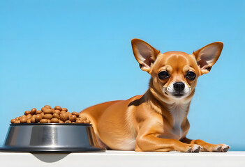 Cute portrait of a happy, excited dog on a bright background 