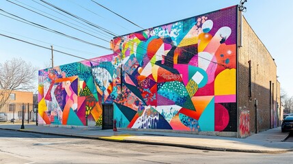 A vivid graffiti mural with powerful city characters and abstract, bold shapes, representing the intersection of urban culture, art, and rebellion.