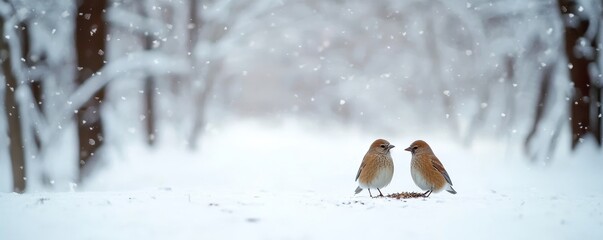 Naklejka premium Two small birds stand together on snowy ground, surrounded by a tranquil winter landscape, with soft snowfall creating a serene atmosphere.