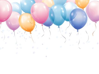 Pastel-colored balloons with strings and confetti against a white background