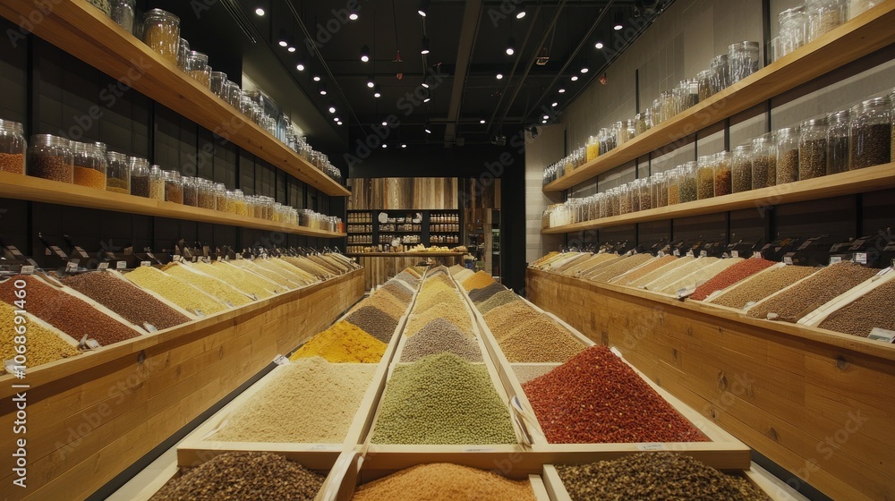 Poster clean, modern spice market with neatly organized bulk bins of various spices, clear labeling, and so