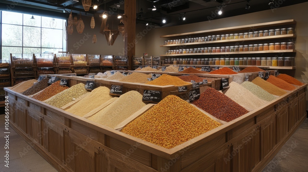 Poster clean, modern spice market with neatly organized bulk bins of various spices, clear labeling, and so