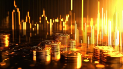 Bright golden Bitcoin coins shining as they represent the bull market surge, with financial growth charts and upward-moving indicators in the background.