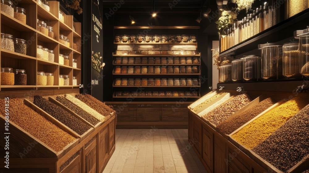 Poster elegant minimalist spice market with neatly arranged bins of fragrant spices, clear signage, and sof