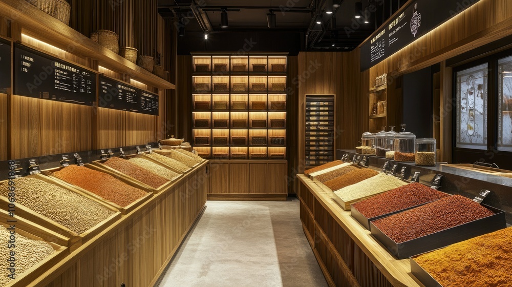 Poster elegant minimalist spice market with neatly arranged bins of fragrant spices, clear signage, and sof