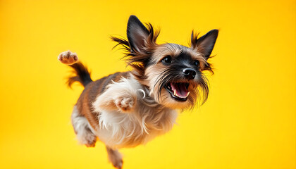 Naklejka premium Portrait of a cute excited, healthy dog with shiny fur against a studio background