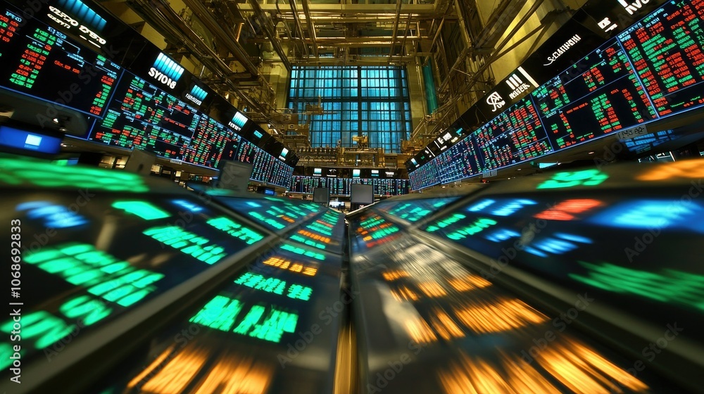 Poster real-time stock market display showing the sp 500 index, with fluctuating numbers and vibrant charts