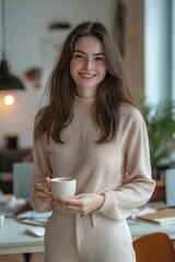 A woman is smiling and holding a white coffee cup. She is wearing a white sweater and white pants