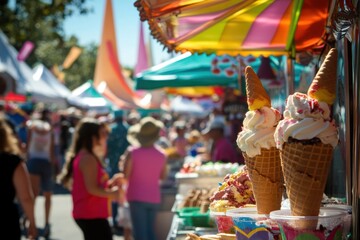 A busy street fair with an ice cream stand selling cones, cups, and sundaes.