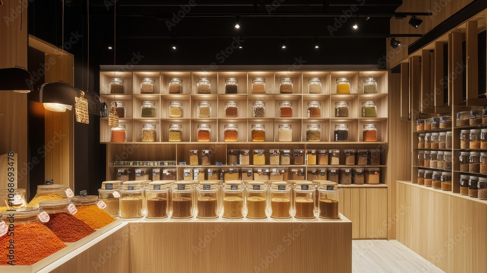 Poster vibrant and minimalist spice market with neatly arranged jars and bins of exotic spices, clear signa